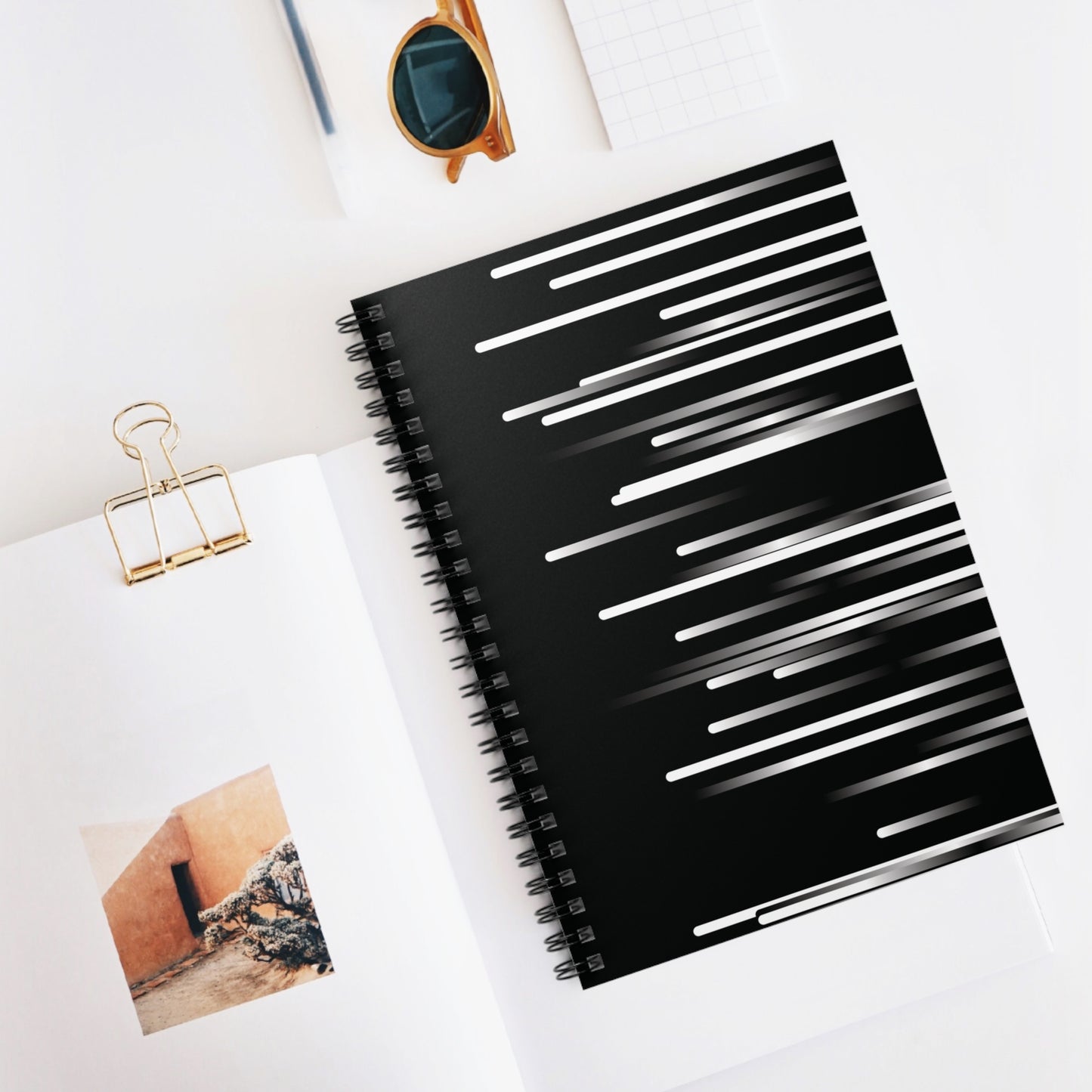 Spiral Notebook with Rule Lined Paper - black & white & shadow - Rotated Right