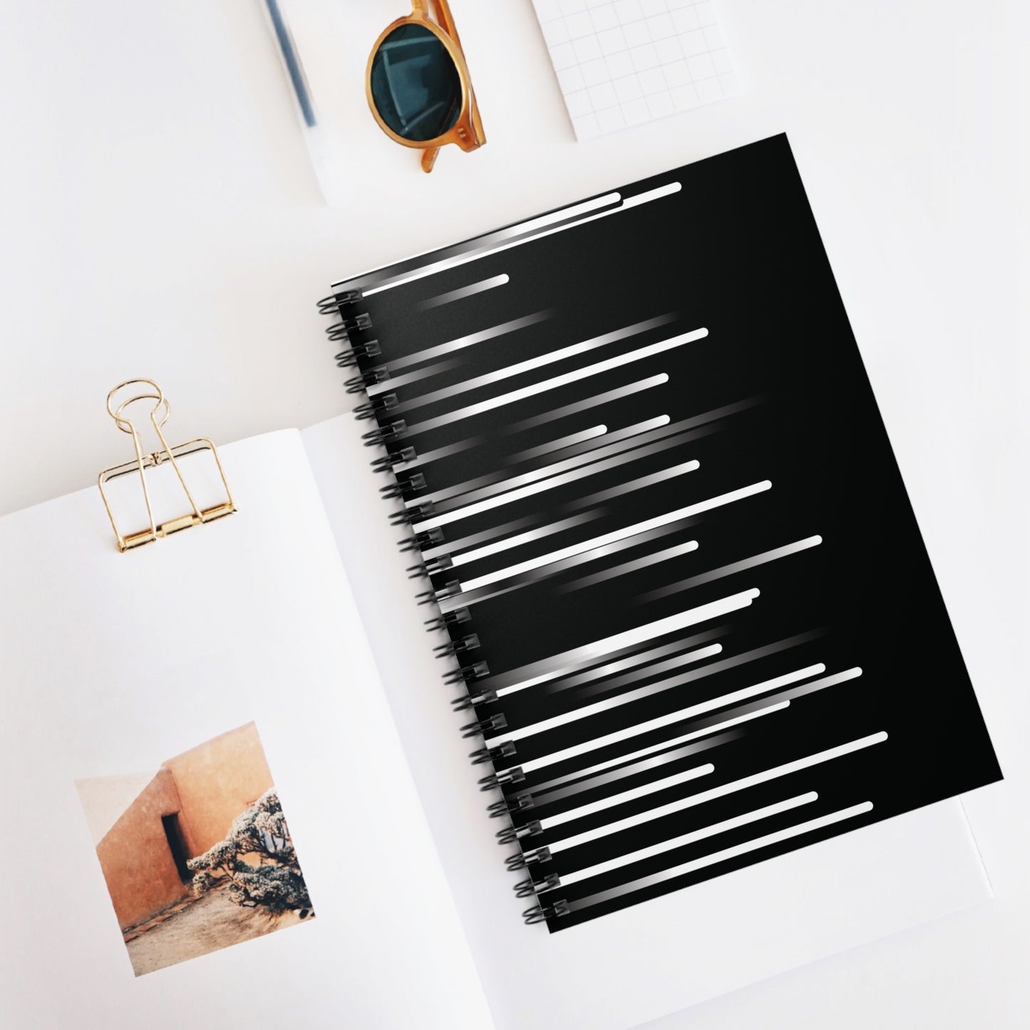 Spiral Notebook with Rule Lined Paper - black & white & shadow - Rotated Left