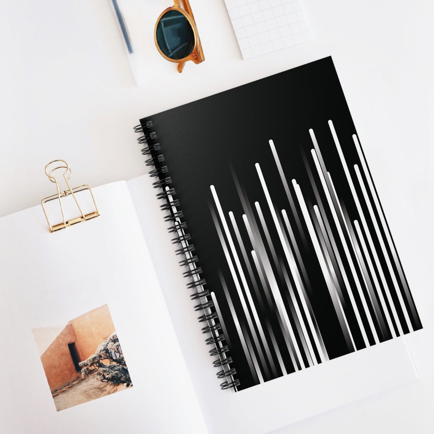 Spiral Notebook with Rule Lined Paper - black & white & shadow (Inverted)